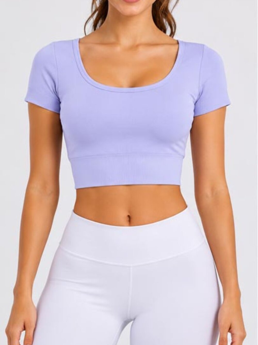 GUESS Women’s Lavender Knit Crop Top | Cap Sleeve Scoop Neck Logo Top